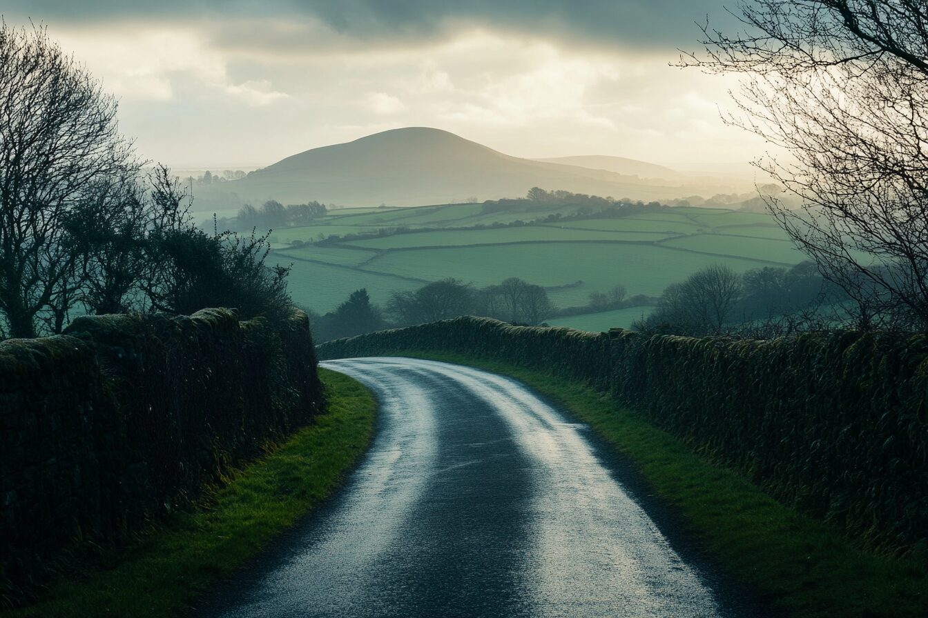 Country road winding through the Irish Midlands